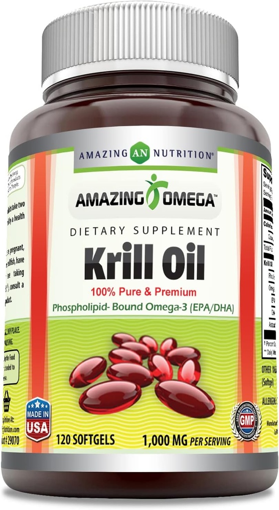 Incrível Omega Krill Oil com Omega 3s EPA, DHA, phospholipids e Astaxantina 1000 Mg por serviço 120 softgels Suplemento
