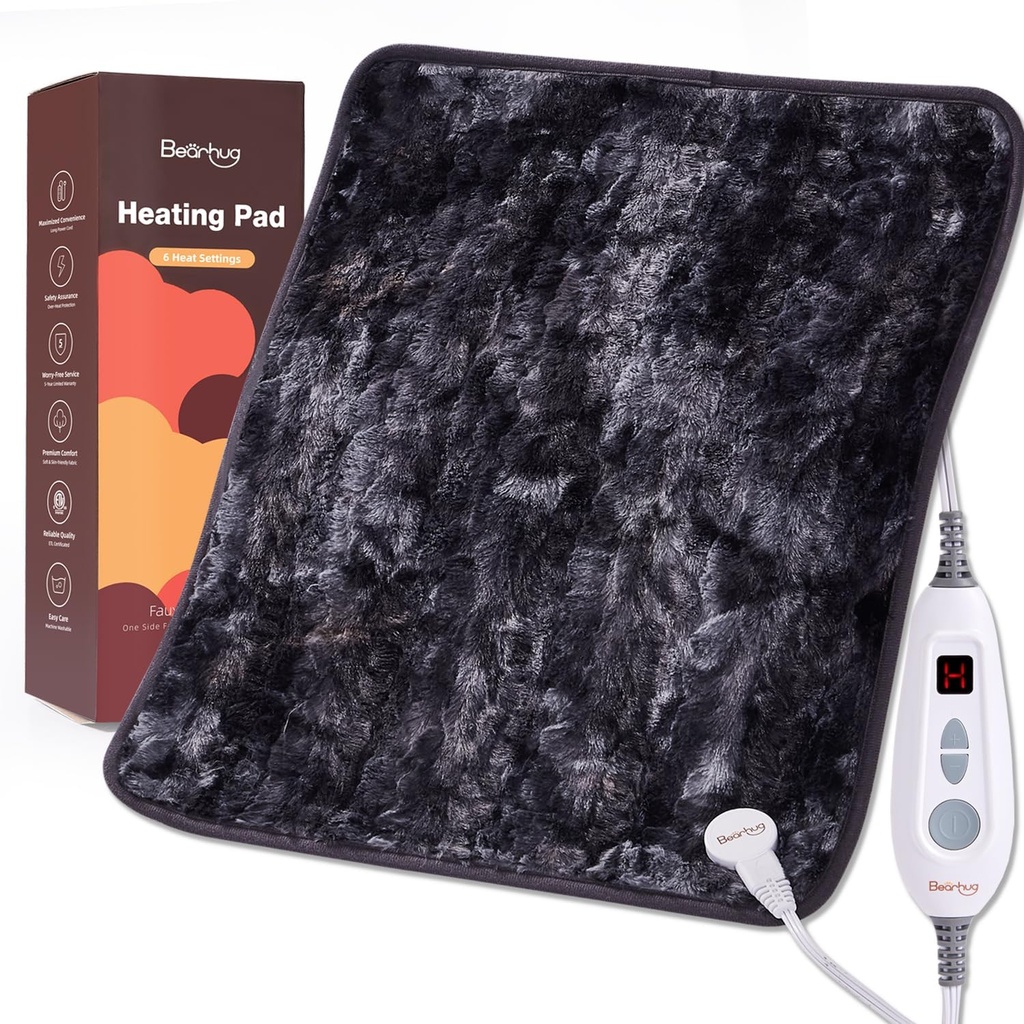 Bearhug XL Electric Heating Pad 20''x24'' Double-Sided Falsificação Fur Heated Pad, 6 níveis de calor, 2H Auto-Off, Hidra & Terapia de calor seco para alívio da dor nas costas, máquina lavável, certificado ETL, caixa de presente