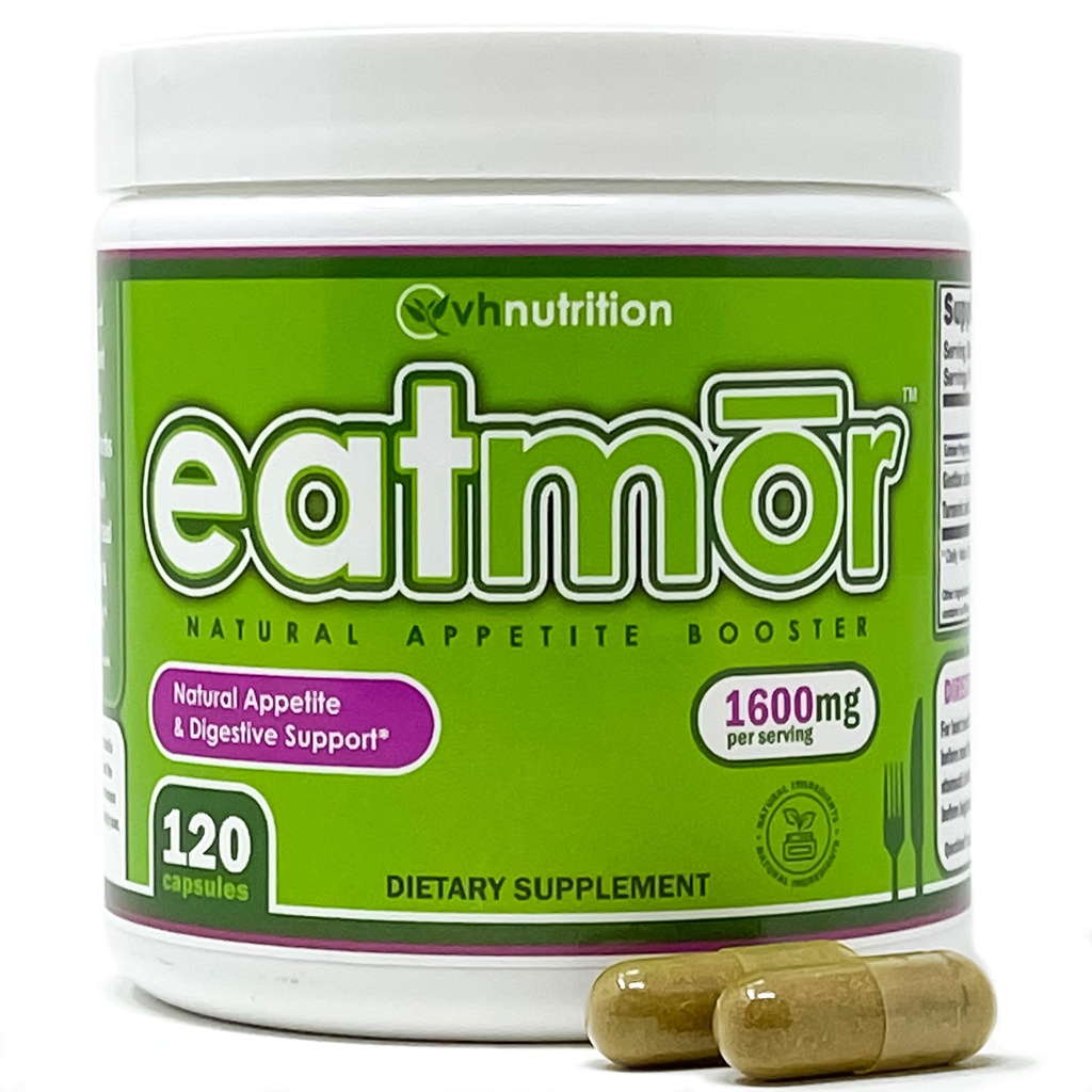VH Nutrition Eatmor . Apetite Booster . Pílulas de ganho de peso * para mulheres e homens . Projetado para mulheres com Gentian, Ginger, Alfalfa .