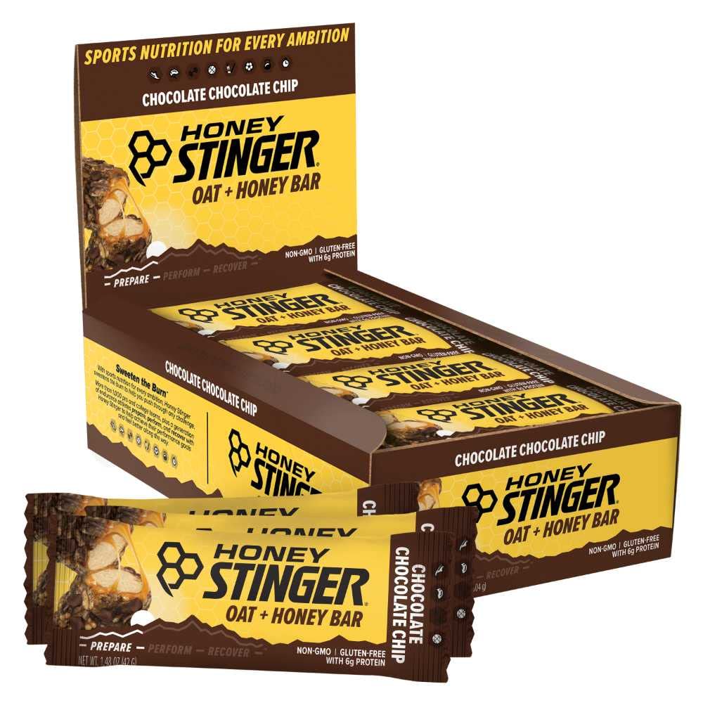 Honey Stinger Oat + Honey Bar, Chocolate Chip, Energia de alimentos embalados para se preparar para o exercício, resistência e desempenho, Sports Nutrition Snack Bar, Pré-treino, Proteína, Sem glúten, Caixa de 12