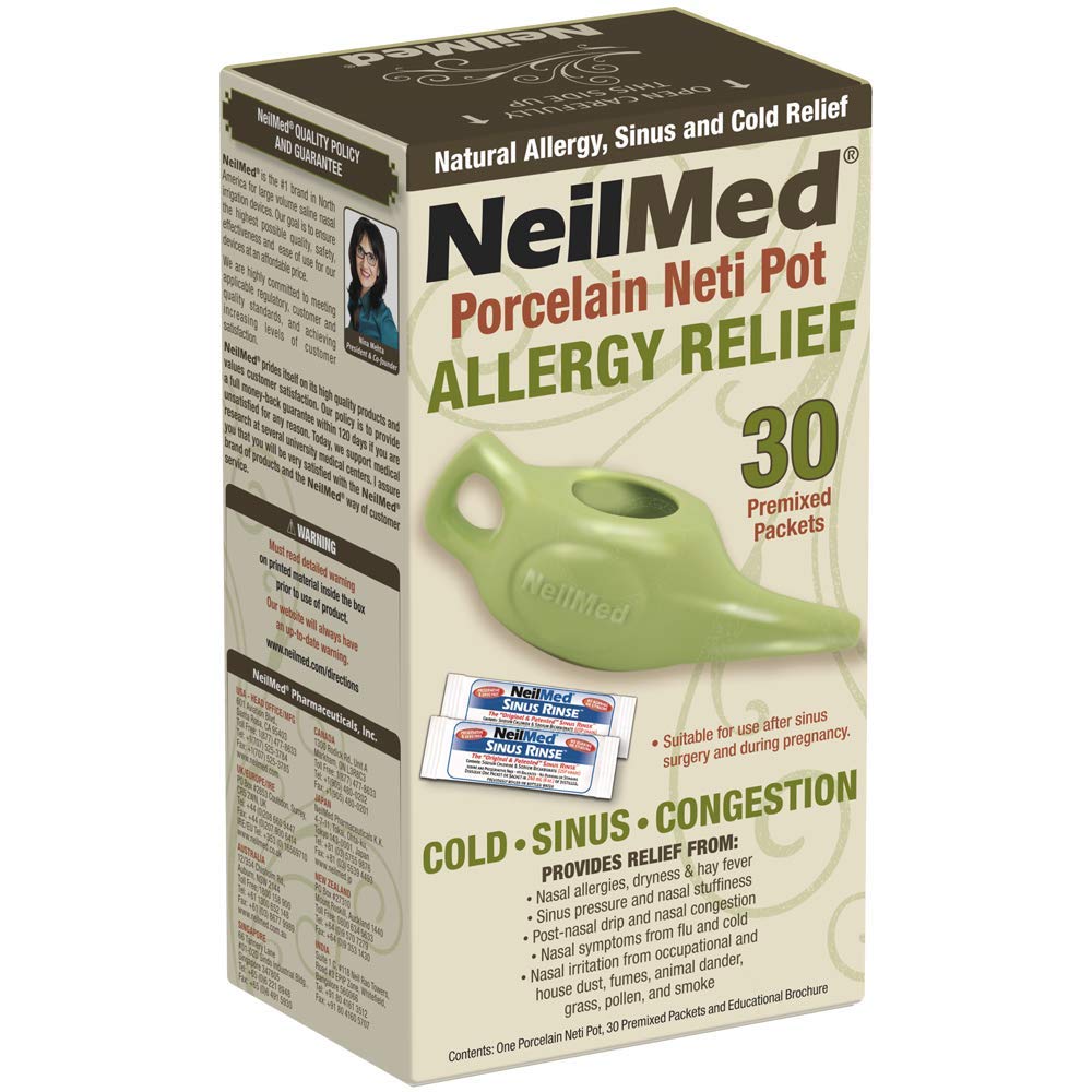 NeilMed Classic Porcelana Neti Pot Green com 30 pacotes pré-misturados