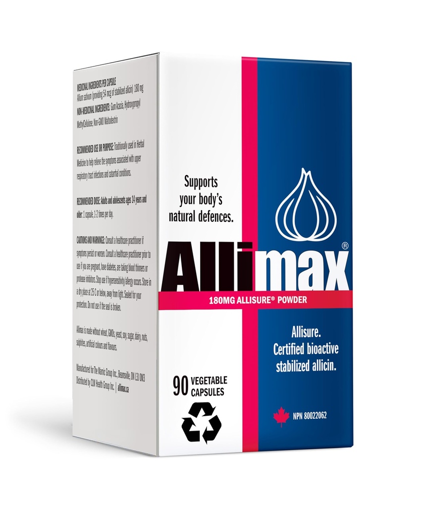 ALIMAX 180mg 90 Cápsulas. Suplemento de alho de alicina para apoiar a função imune do seu corpo. Contém alicina bioativa estabilizada e potente, extraída de alho adulto espanhol limpo e sustentável.