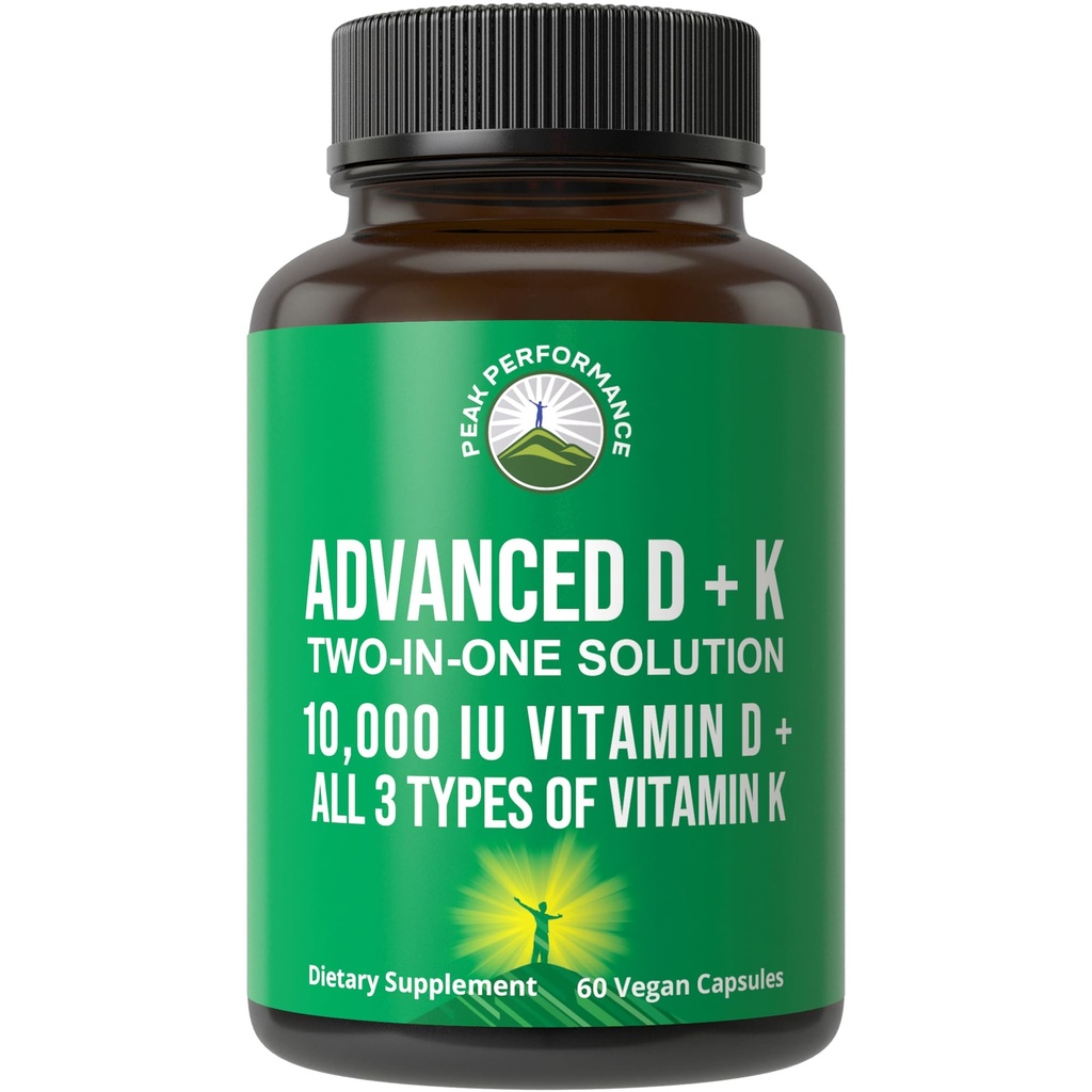 Peak Performance Advanced Vitamina D 10000 UI com todos os 3 tipos de vitamina K - 10.000 Vitamina D3 e Vitamina K2, K1, MK-7 (MK7), MK4 Cápsulas Suplemento - 60 comprimidos pequenos e fáceis de engolir