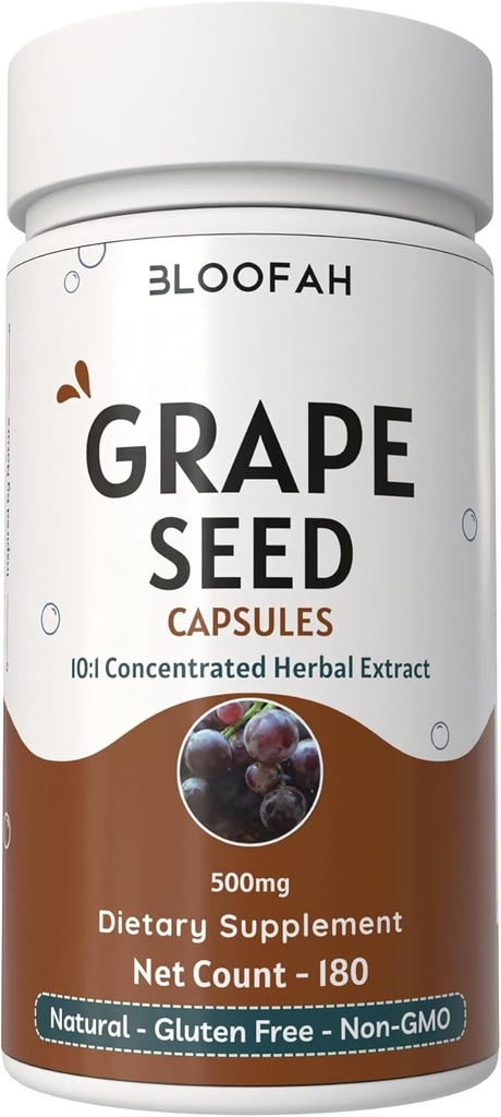 Cápsulas de Sementes de Uva 500mg Vitis vinifera Concentrado 10:1 Extrato em Pó Suplemento de Ervas Natural, Não-GMO, Fórmula sem glúten (180 Count (Pack of 1)