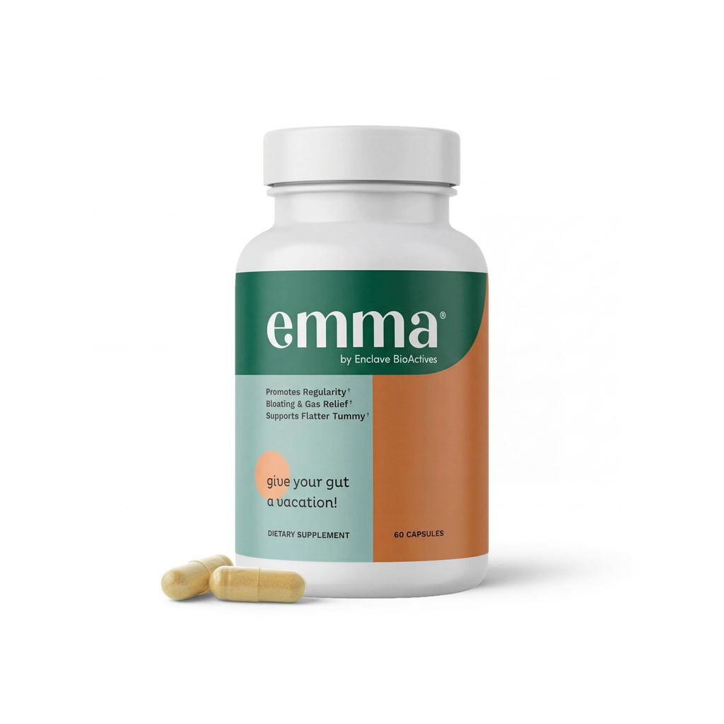 Emma Gut Health Relief Supplement, Doctor endossed Formula para Mulheres e Homens, Vazamento Gut & Suporte Digestivo para Obstipação, Bloating & Gás Relief com Berberine, Resveratrol, Quercetin, 60 Cápsulas
