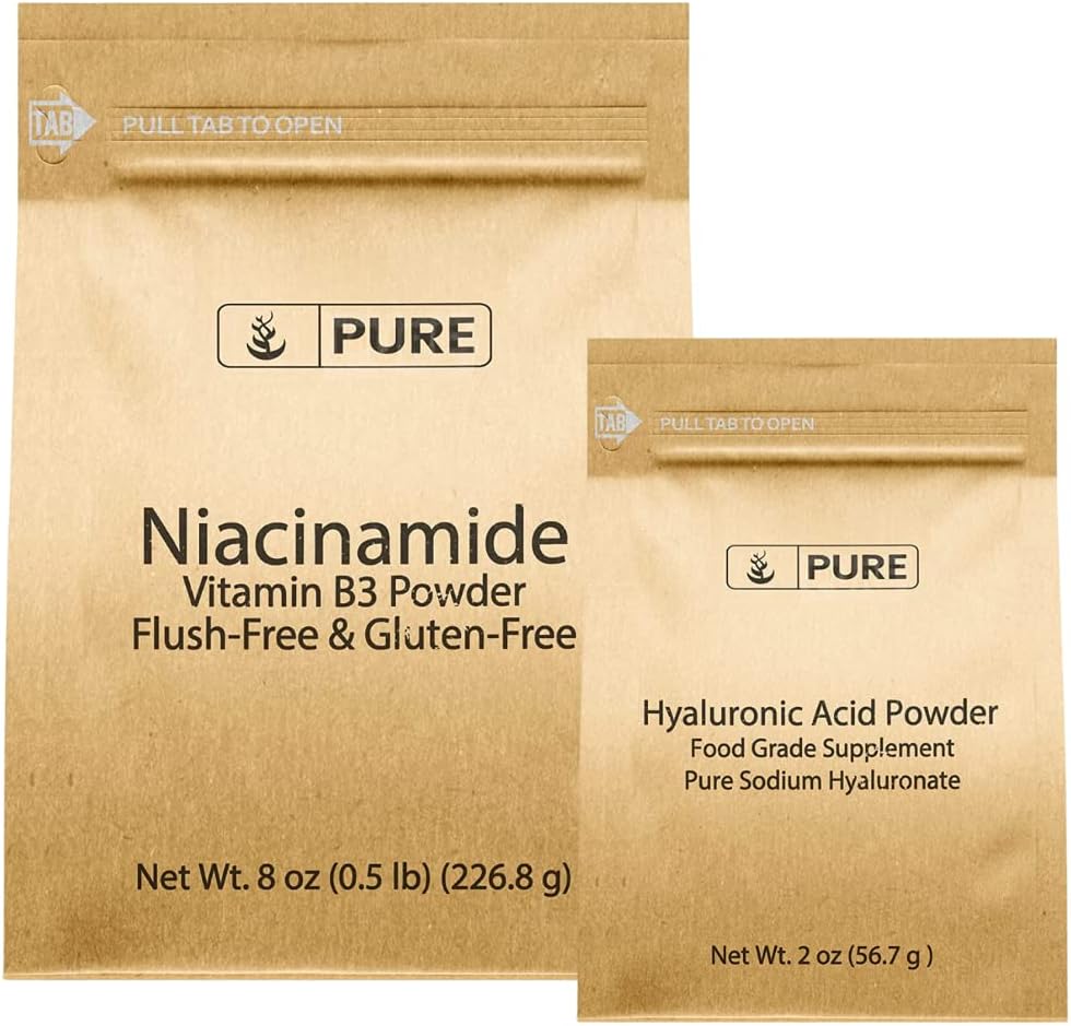 INGREDIENTES ORIGINAIS PUROS Niacinamida e pacote de ácido hialurônico, Solúvel em Água, Pó fino