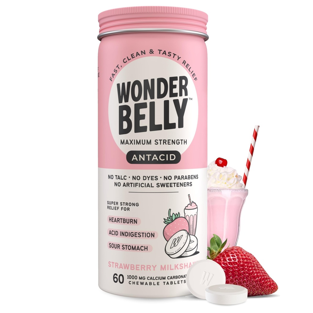 Antiácido Wonderbelly, Azia Eficaz e Alívio de indigestão de ácido instantâneo, Comprimidos mastigáveis de força extra, 1000 mg Carbonato de cálcio, Sem Talco ou tingimento, Morango Milkshake, 60 Contagem