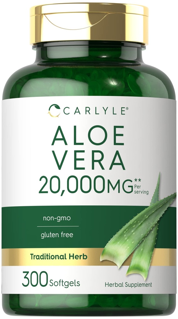 Carlyle Aloe Vera Softgel Cápsulas 20.000mg □ 300 Count □ Aloe Vera Gel Supplement □ Non-GMO, Gluten Free