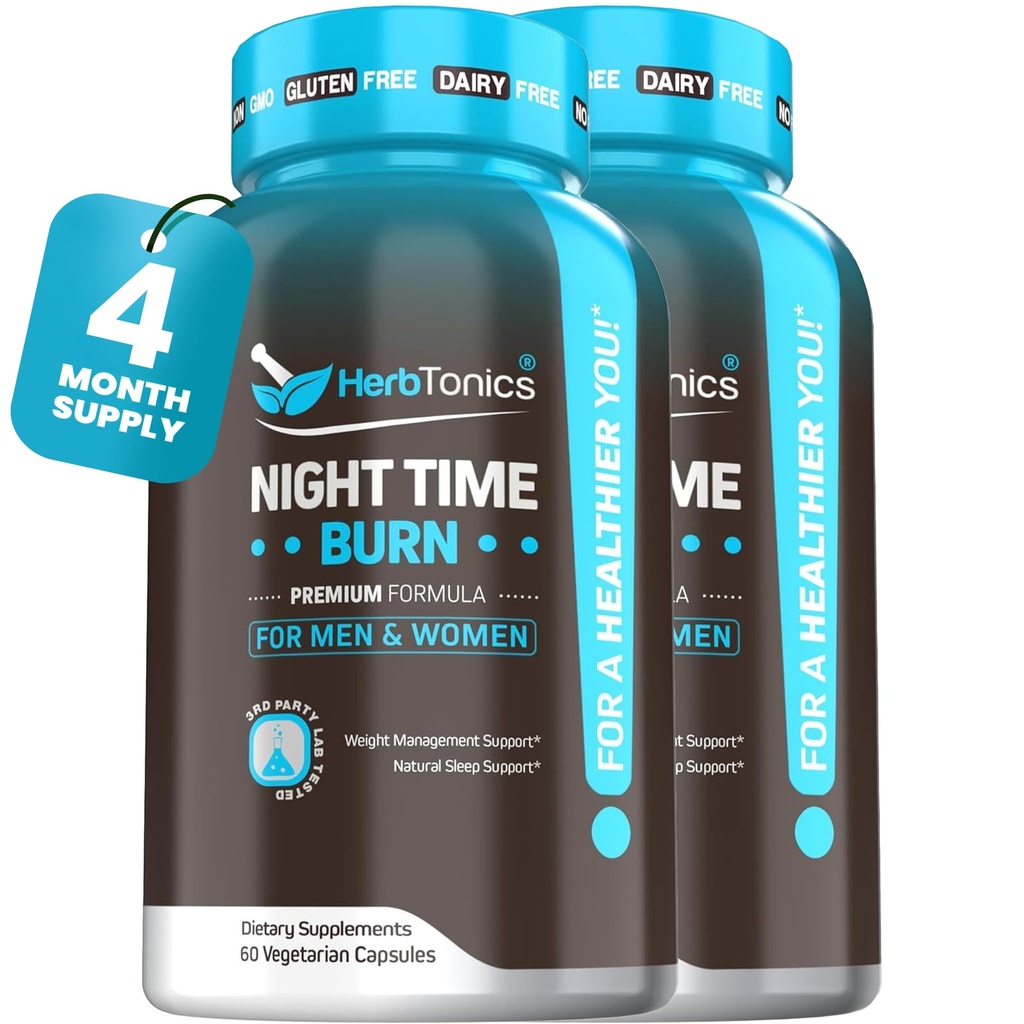 Herbtonics Night Time Burn & Sleep Complex suporta o metabolismo durante a noite, alívio de estresse e sono profundo. Inclui Melatonina, Valeriana e Chá Verde – Vegan Bedtime Weight Management (120 Cápsulas)
