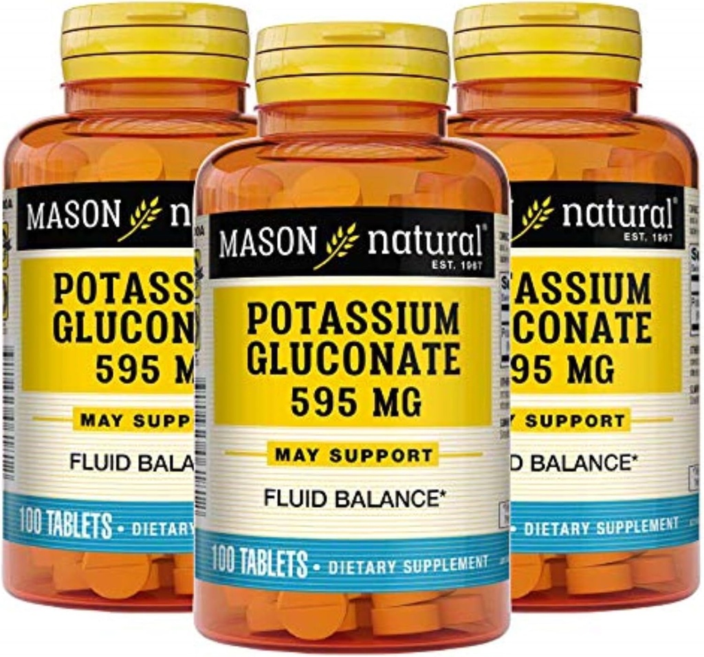 Gluconato de potássio natural de Mason 595 mg, fornecimento de 300 dias, 100 comprimidos (Pacote de 3)