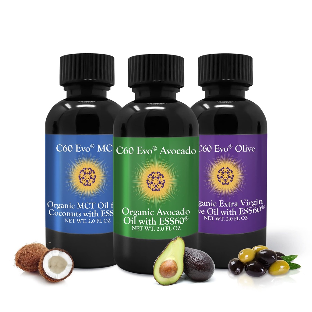 C60 Evo All-Natural Edible Oils, Mini Conjunto de Amostrador de Óleos com Pure C60 ESS60, Suporte Imune e Suplemento de Apoio Conjunto com Óleo de Oliva, Óleo de Abacate e Óleo de Coco MCT, Conjunto de 3, 2 onças