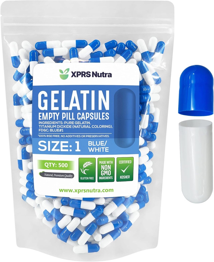XPRS Nutra Tamanho 1 Cápsulas vazias - 500 Count Cápsulas de Gelatina Vazias - Pill DIY Cápsula de preenchimento - Pure Bovine Pill Gel Caps para Suplementos Do-It-Yourself (azul/branco)