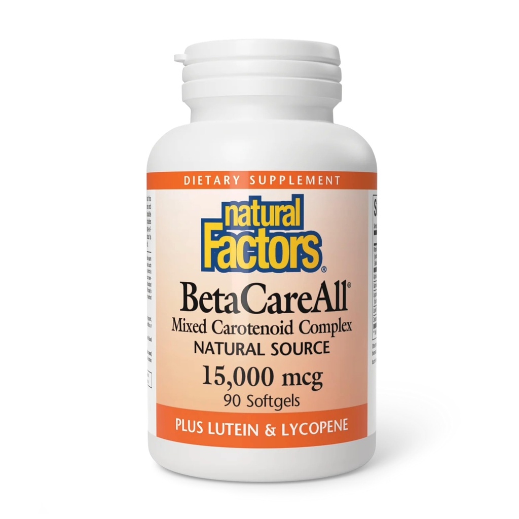 Fatores naturais BetaCareAll 25.000 UI, Vitamina A para a pele saudável, visão e função imune, 90 Softgels