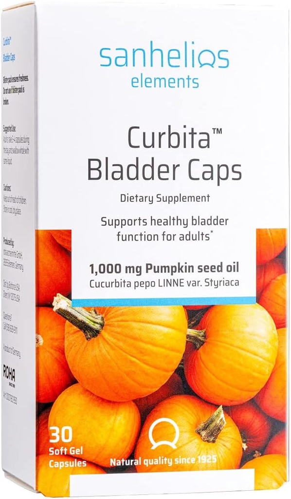 Sanhelios Curbita Bladder Caps Pumpkin Seed Oil 1000mg - Healthy Bladder Function Support Supplement for Men & Women - Non-GMO, Sugar-free, Conservative-Free, Gluten-Free - 30 Cápsulas Softgel