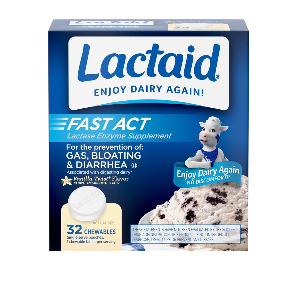 Lactaid Fast Act Lactose Intolerância Mastigações de alívio com lactase natural Enzima para prevenir gás, inchaço e diarréia Devido à sensibilidade à lactose, em andamento, Vanilla Twist Flavor, 32 x 1 ct