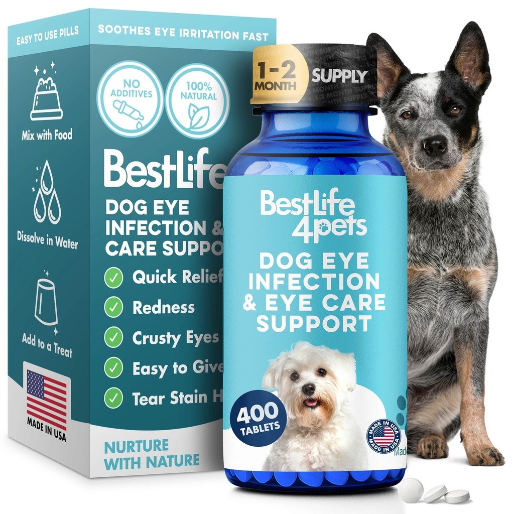Infecção ocular do cão e cuidados com os olhos suplementos de apoio, alívio natural de conjuntivite, inchaço, manchas de lágrimas, olhos secos e descarga, fácil de usar, sem mais luta com gotas de canino, 400 comprimidos pequenos