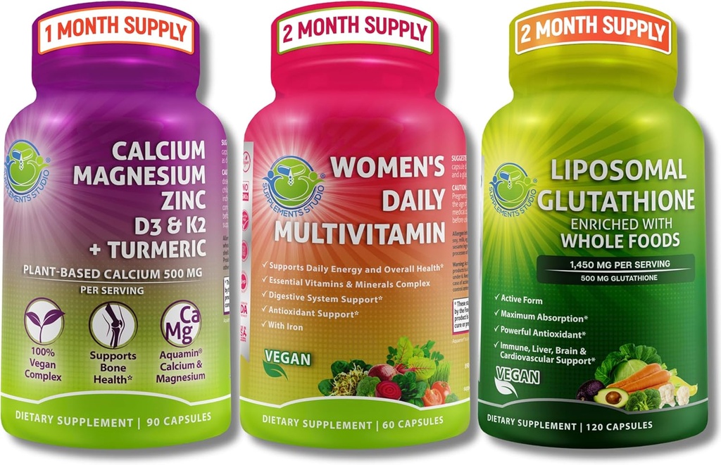 Multivitamina, cálcio e glutationa lipossômica trio - cálcio com base em plantas, magnésio, zinco, D3, K2 e açafrão + Multivitamina diária feminina com ferro + Glutationa lipossómica 500mg