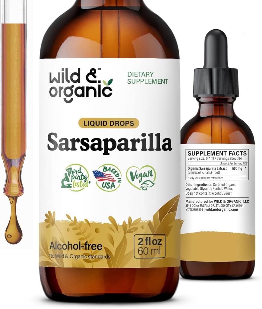 Wild & Organic Sarsaparilla raiz gotas - Detox Cleanse gotas - Sarsaparilla pó baseado tintura - Vegan, Açúcar & Suplemento líquido sem álcool - 2 fl oz