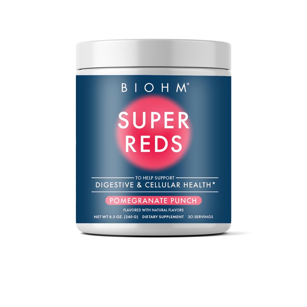 BIOHM Super Vermelhos, Beterraba Raiz em pó Antioxidante Beterrabas e Smoothie Mix com extrato de cereja e 19 alimentos inteiros vermelhos embalados com prebióticos e probióticos, não-GMO, Red Berry Flavor (30 Servings)