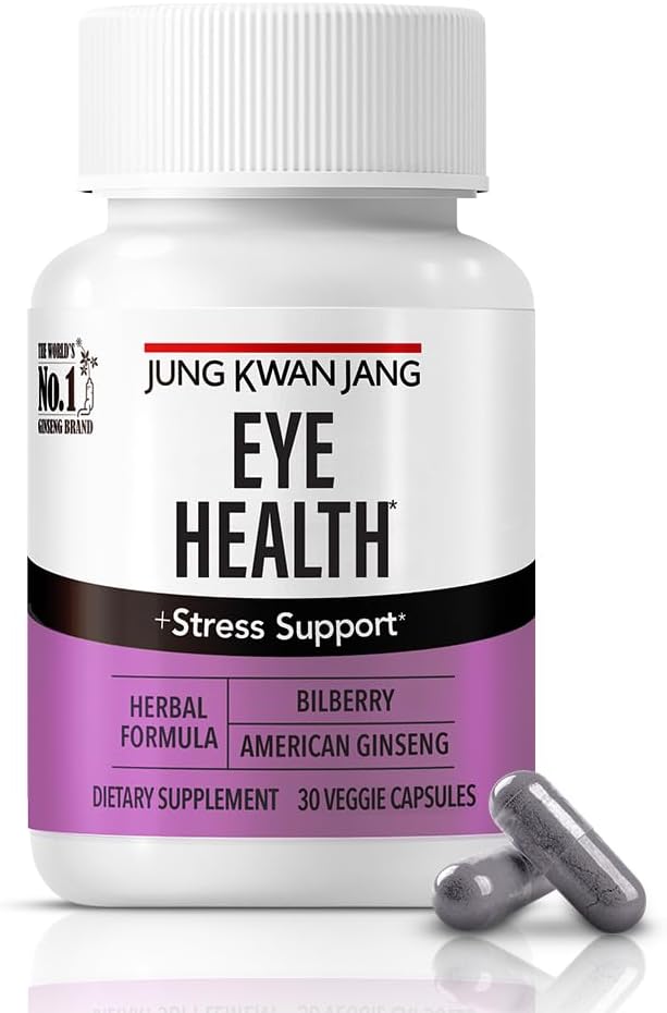 JUNG KWAN JANG Eye Health Support com Bilberry (166mg) e American Ginseng (143mg) para cuidados de visão, deformação ocular reduzida, suporte cognitivo, 30 cápsulas para homens e mulheres