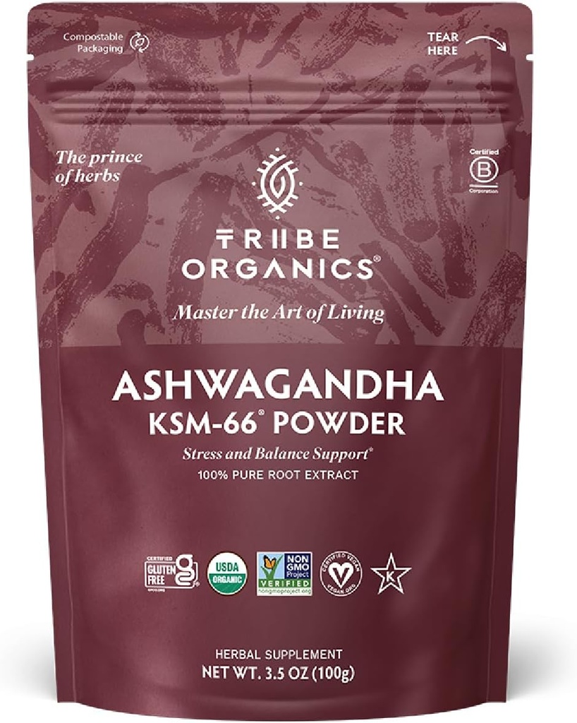 TRIBE ORGANICS KSM-66 Ashwagandha Raiz Extrair Erva ayurvédica em pó para o suporte de humor