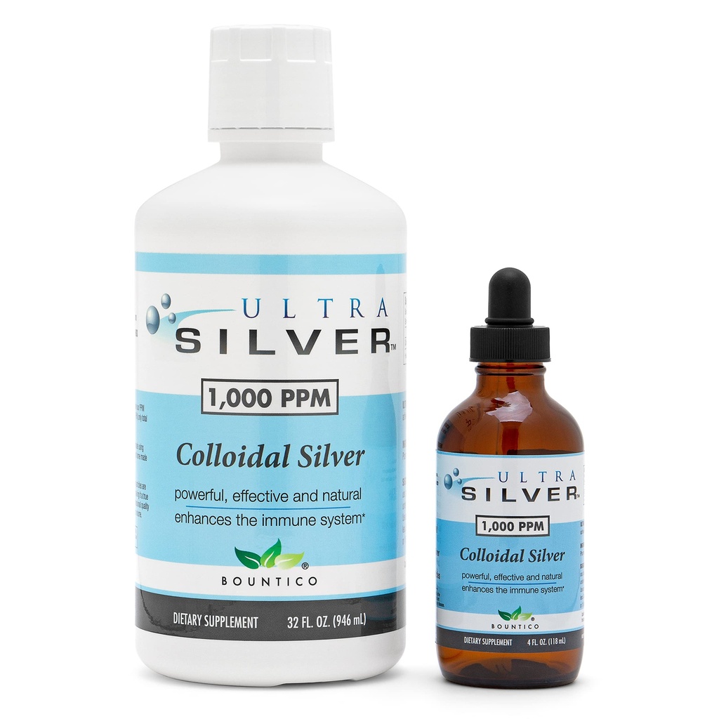 Ultra Silver® Colloidal Silver □ 1.000 PPM, 32 Oz (946mL) □ Suplemento Mineral □ Verdadeira Colloidal Silver - 4 oz Dropper Bottle (Empty) Incluído para dispensação!