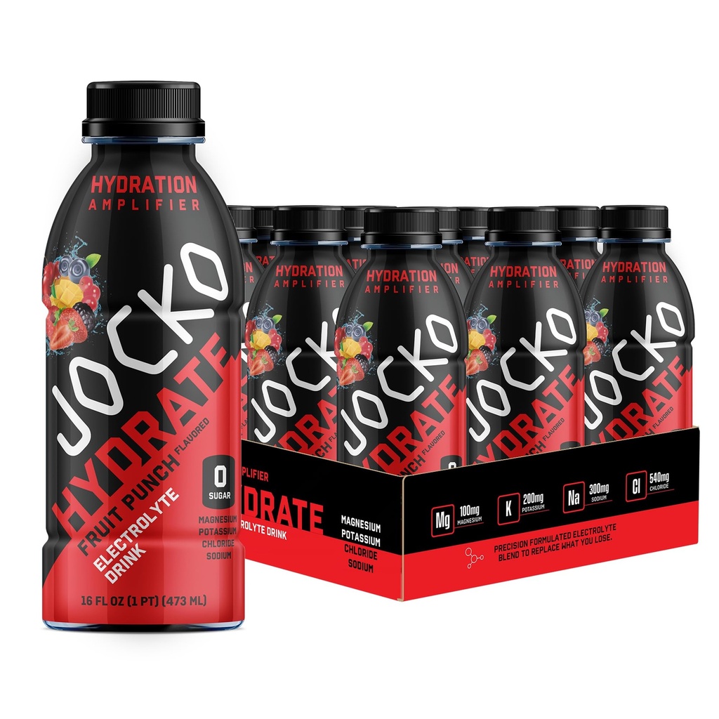 Jocko Fuel Hydrate Electrolyte Drinks - Sports Drink Hydration Amplifier, Thirst Quencher - Scientificly formulated Electrolyte Blend Fruit Punch Flavor 16 Oz (12 Pack)