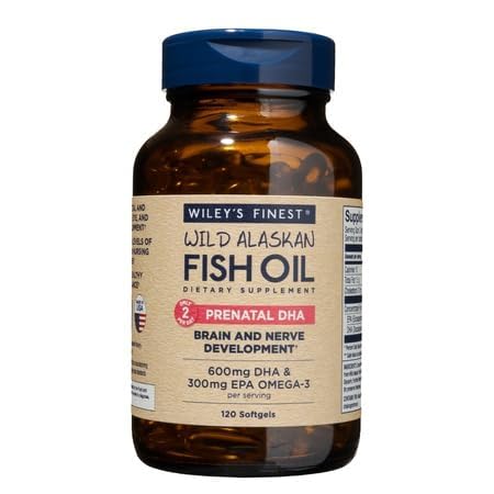 Wiley's Finest Wild Alaskan Fish Oil Pré-natal DHA - 900mg EPA e DHA Omega-3s para grávidas e mães de enfermagem - 120 Softgels (60 pré-natal Vitamina Servings)