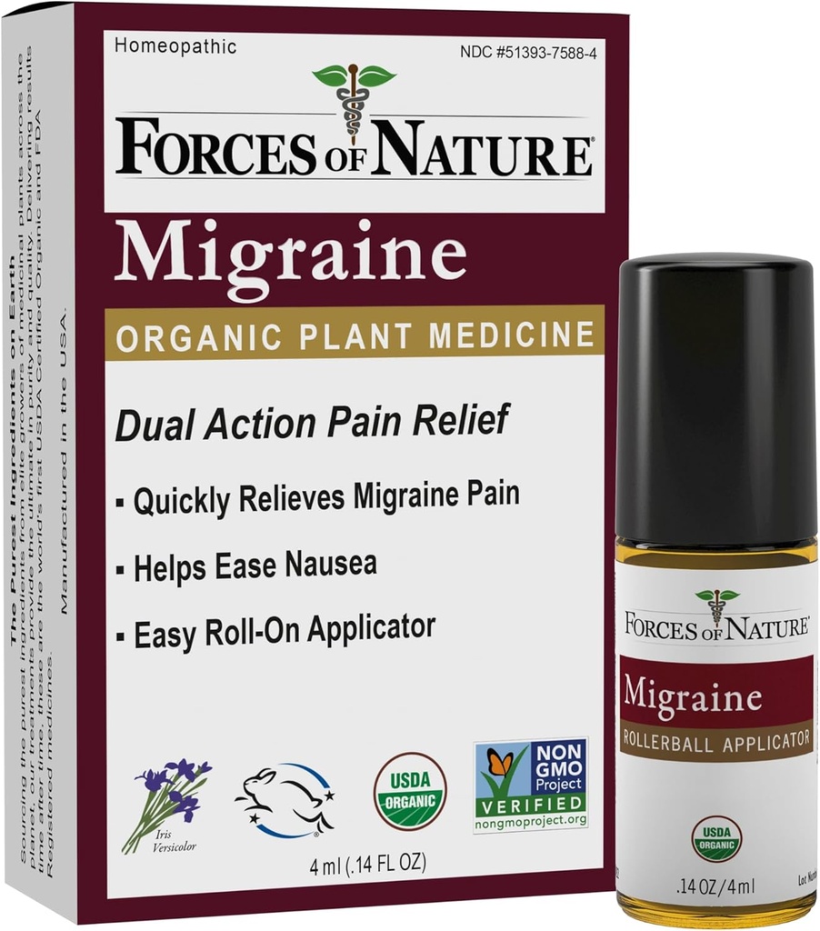Forças da Natureza Natural, Enxaqueca Orgânica Relief Topical Roll-on, Suporta Pródromo, Aura, Cefaleia, Fadiga, Sensibilidade Luz e Som, Náusea Associada a Enxaquecas, Não-GMO, 0,14 Fl Oz
