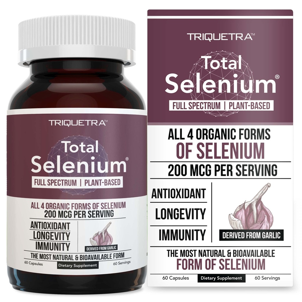 Selênio total - 200 mcg, Selênio Baseado em Planta - Espectro completo, contém 4 Formas Orgânicas Essenciais de Selênio Incluindo Selenometionina - Derivado de Alho - 60 Cápsulas