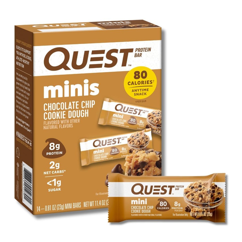 Quest Nutrition Mini Chocolate Chip Bares de proteína de massa, 8g de proteína, 1g de açúcar, 2g de carboidratos líquidos, Gluten Free, 14 contagem