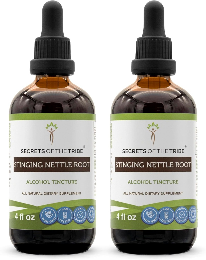 Segredos da tribo Stinging Nettle Root Tintura extrato de álcool, gotas de ervas de alta potência, tintura feita de Stinging Nettle Urtica Dioica Respiratório e Sistema urinário Saúde 2x4 oz