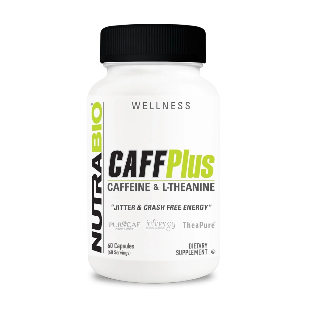 NutraBio CaffPlus, Cafeína de dupla fonte com Theanina para aumento de energia saudável - 60 cápsulas vegetais