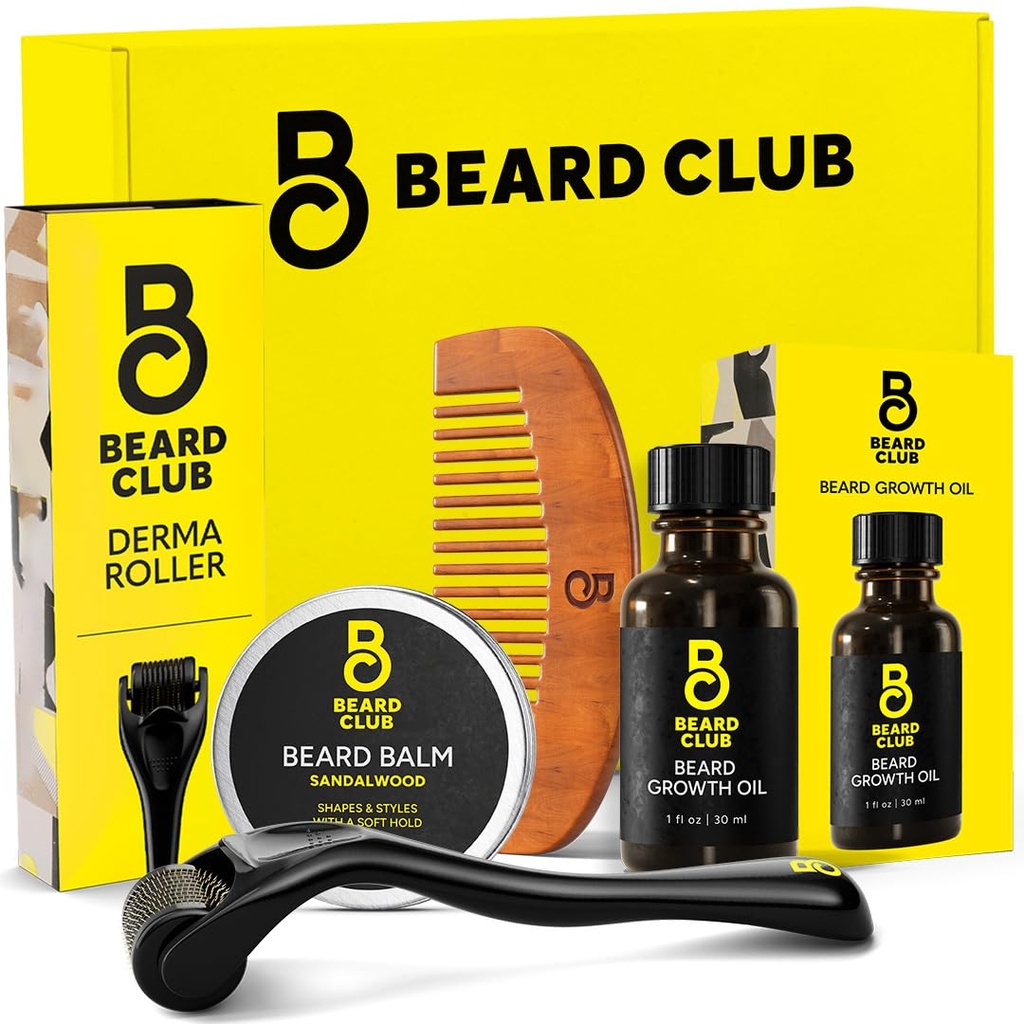 O Kit de Crescimento Barba Clube - Derma Roller, Óleo de Crescimento Barba, Sandalwood Balm, Conjunto de Presentes