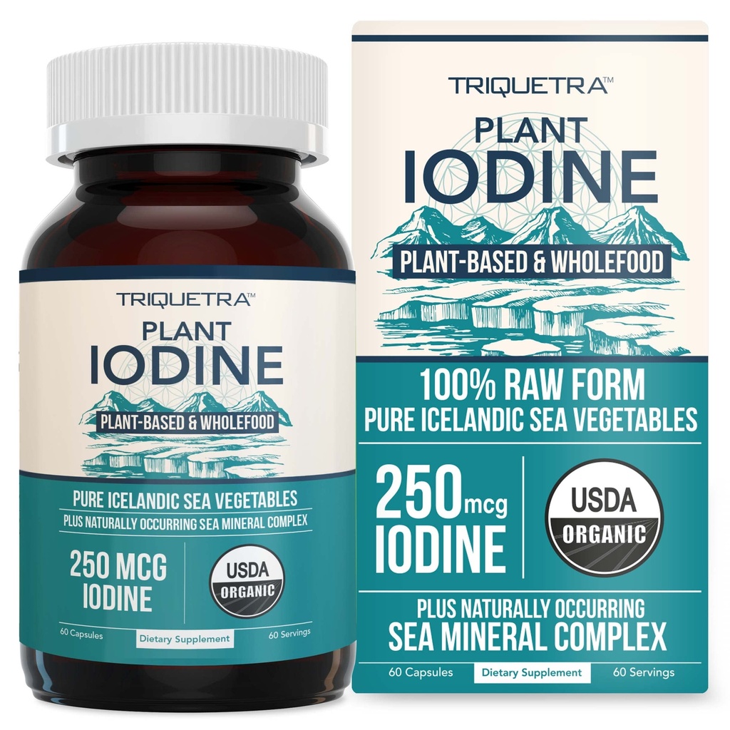 Suplemento de iodo orgânico do complexo vegetal do mar, alimento inteiro e forma cru - Iodine mais Trace Complexo mineral – contém Puro Kelp Islandês Mar, Musgo Irlandês & Bladderwrack (250 mcg)