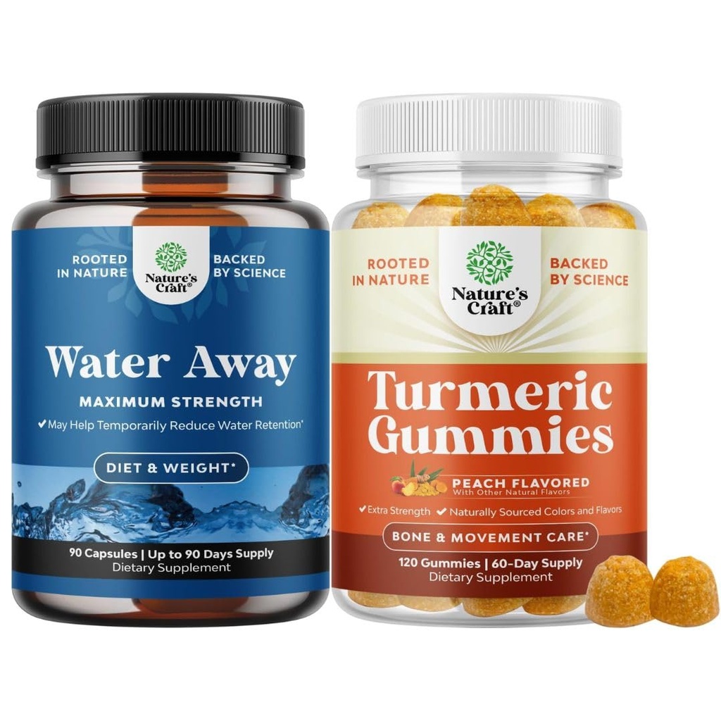 Pacote de Retenção de Fluidos Away Água com Extrato de Folha de Dandelion & Chá Verde para Alivio Bloating e Gummies Turméricas para Adultos Flavor de pêssego - Curcumina Cúrmica com Extrato de Pimenta Negra e Ginger