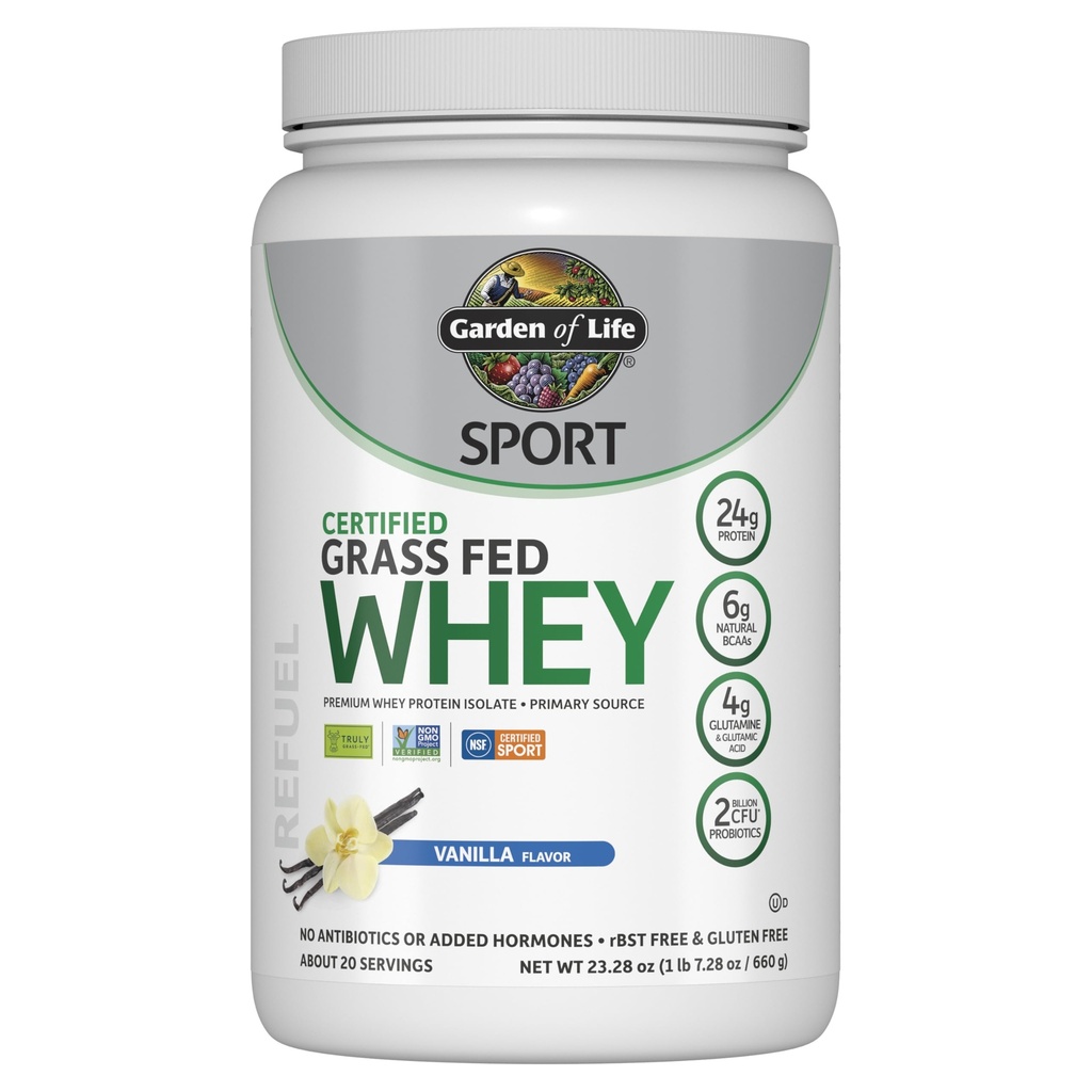Garden of Life SPORT Whey Protein Powder Vanilla, Premium Grass Fed Whey Protein Isolate plus Probióticos para a saúde do sistema imunológico, 24g Protein, Non GMO, Gluten Free, Cold Processed - 20 Servings