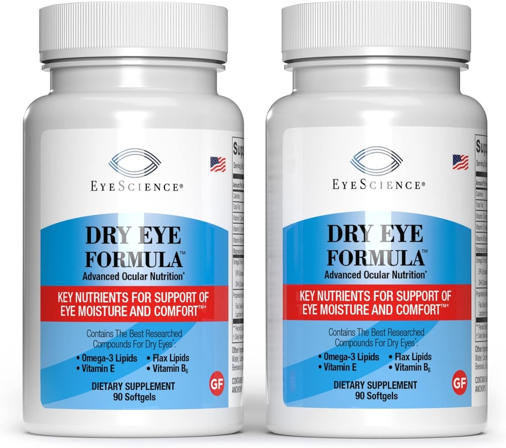 EyeScience - Dry Eye Formula - 90 Softgels - para alívio, Omega-3, Vitaminas E, C & B6, Magnésio - Produção de Lágrima e Conforto por Duração - 2 Pack