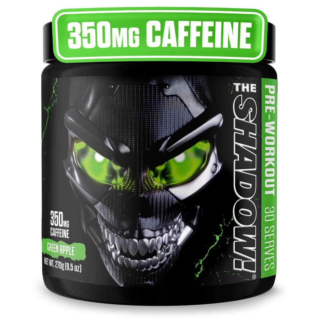 JNX SPORTS The Shadow! 350mg de Caffeine Hard Core Pré-treino - Verde Apple 30 Servings - Energia Elétrica, Foco Mental e Força Super-humana para Homens e Mulheres