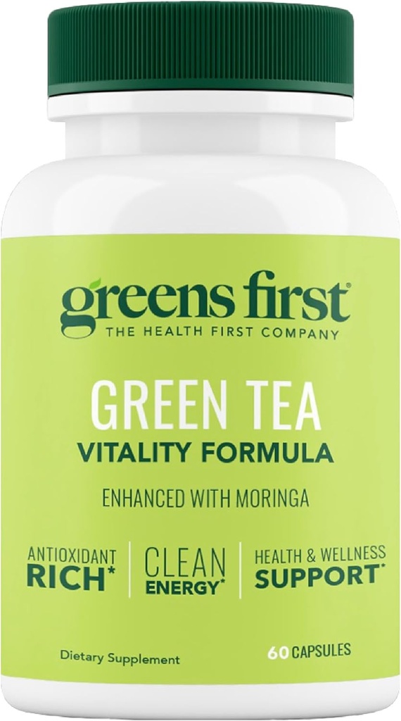 Greens First Green Tea Vitality Formula - Melhorado com Moringa - Antioxidante-Rich para Energia Limpa - Vegan & Gluten-Free - Mistura poderosa para Energia e Bem-Estar Geral (60 Cápsulas)