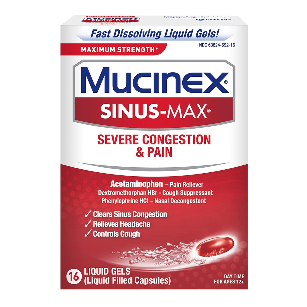 Mucinex Sinus-Max Max Força Congestão grave & Dor Geles Líquidos, 16ct