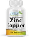 PACIFIC NATURE'S Zinc Copper Supplement (150 Cápsulas) com 50mg de Gluconato de Zinco, 2mg de Sulfato de Cobre para Suporte Imune - Gluten Free, Non-GMO