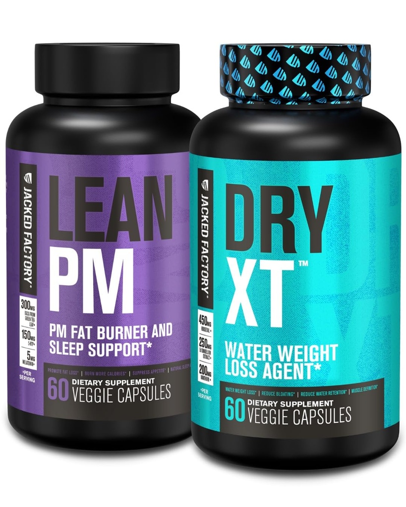 Jacked Factory Lean PM Night Time Fat Burner, Suplemento de Ajuda ao Sono, & Supressor de Apetite (60 cápsulas) & Dry-XT Water Weight Loss Diurectic Pills (60 cápsulas)