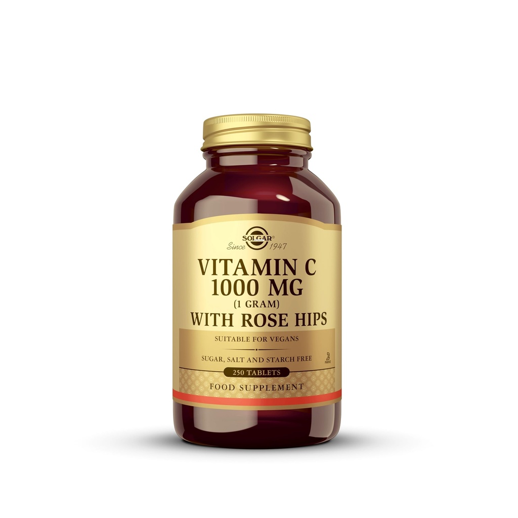 Solgar Vitamina C 1000 mg com Rose Hips, 250 Comprimidos - Antioxidante e Imune Suporte - Saúde geral - Suporta pele saudável & articulações - Não-GMO, Vegan e Kosher - 250 Servings