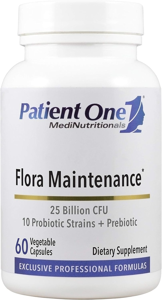 Patient One Flora Manutenance (Suplemento Probiótico para Ajuda) Flora Intestinal Equilibrada* 25 Bilhões de UFC, 10 Strains Probiótico, Prebiótico 60 Cápsulas