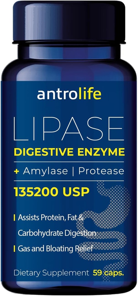 ANTROLIFE Suplemento de Saúde Digestiva - Enzimas com Lipase Suplementos Nutricionais e Amylase para Conforto Digestivo - Suplemento Dietário - 59 Cápsulas