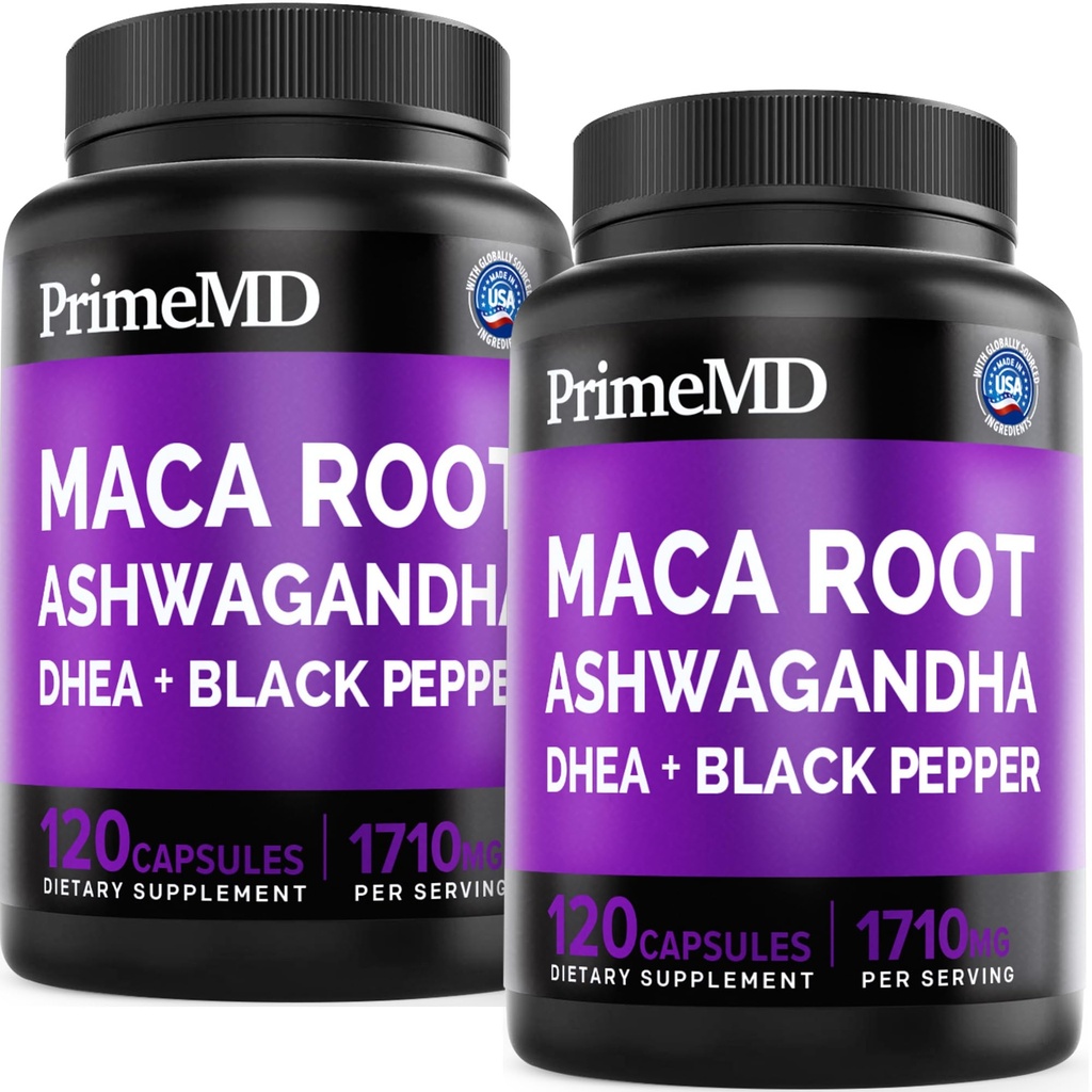 Cápsulas orgânicas de Maca Root Ashwagandha 1710mg com DHEA e Extrato de Fruta de Pimenta Negra para Mulheres e Homens - Suplemento de Maca Preto para Stamina, Osso e Mood Supplement, 120ct (Pacote de 2)