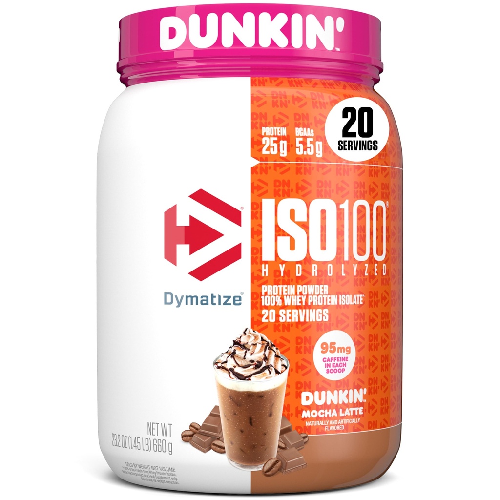 Dymatize x Dunkin' Mocha Latte ISO100 Whey Protein Powder, 95mg Cafeína, 25g de proteína, 5,5g BCAAs, 120 Cal., Gluten Free, 1g Fat, 1g Sugar, 3g Carb (20 Servões)