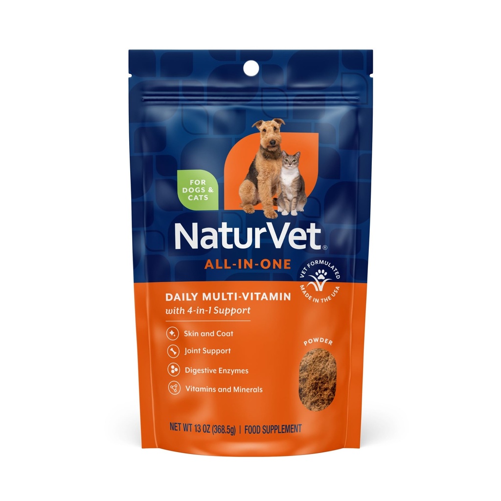 NaturVet All-in-One Dog Supplement - para apoio conjunto, Digestão, Pele, Tratamento de Casaco - Multivitamins cão com minerais, Omega-3, 6, 9 - Vitaminas sem trigo para cães - pó de 13 onças
