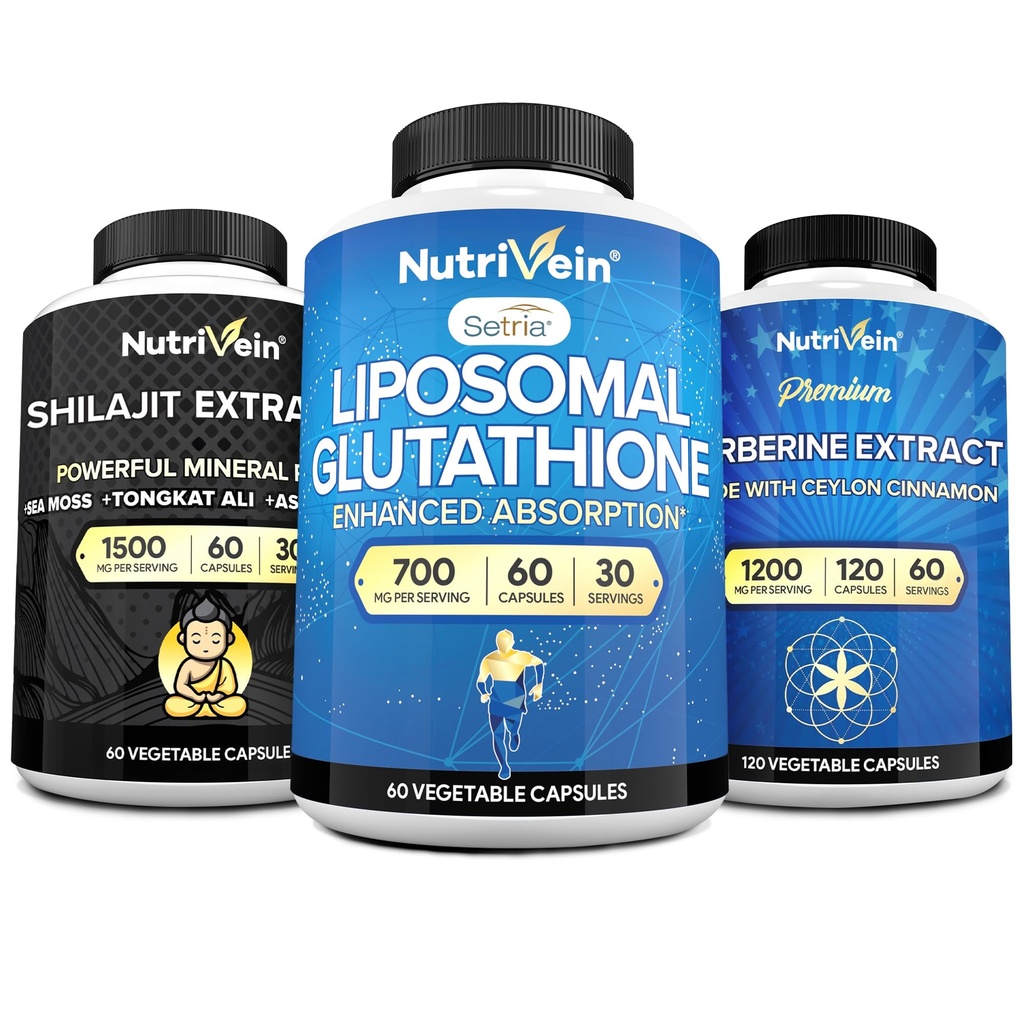 Cápsulas Nutrivein Premium Shilajit, Suplemento Lipossômico Glutationa, & Berberine Suplemento Bundle: Berberine, Glutationa, & Shilajit Cápsulas para Homens e Mulheres - Metabolismo, Vitalidade, & Equilíbrio